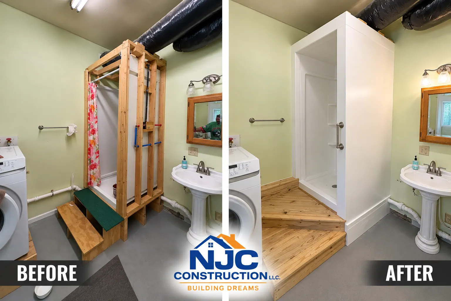 Basement shower enclosure and step platform